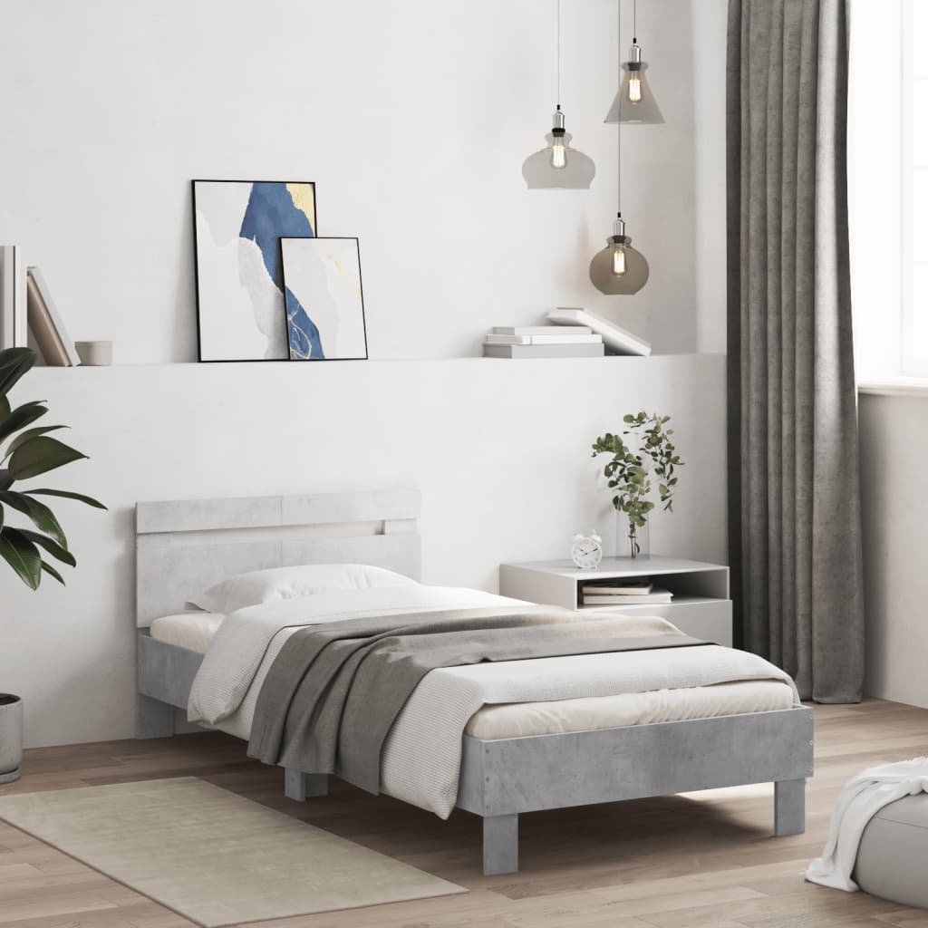 betonszürke ágykeret fejtámlával és LED-világítással 100x200 cm
