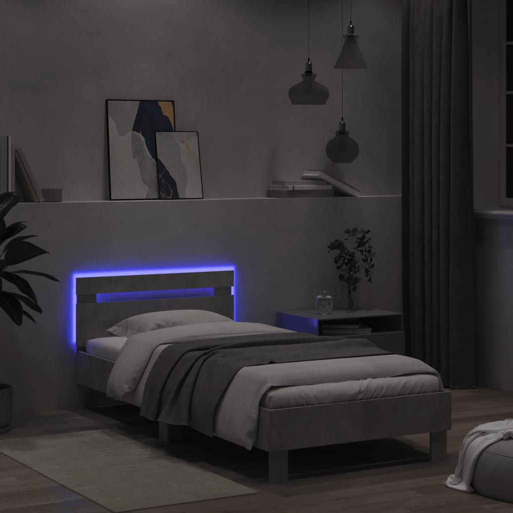 betonszürke ágykeret fejtámlával és LED-világítással 100x200 cm