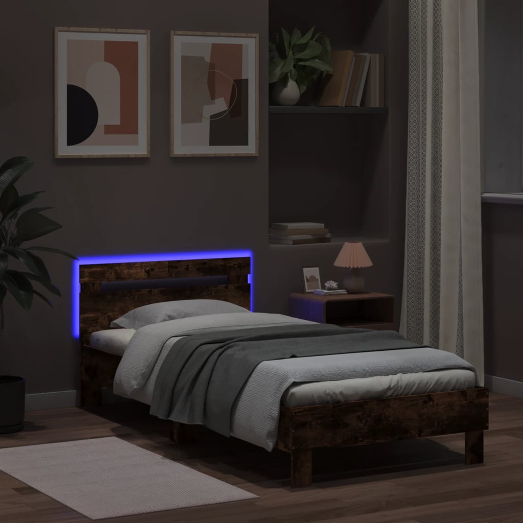 füstös tölgy színű ágykeret fejtámlával és LED-ekkel 100x200 cm