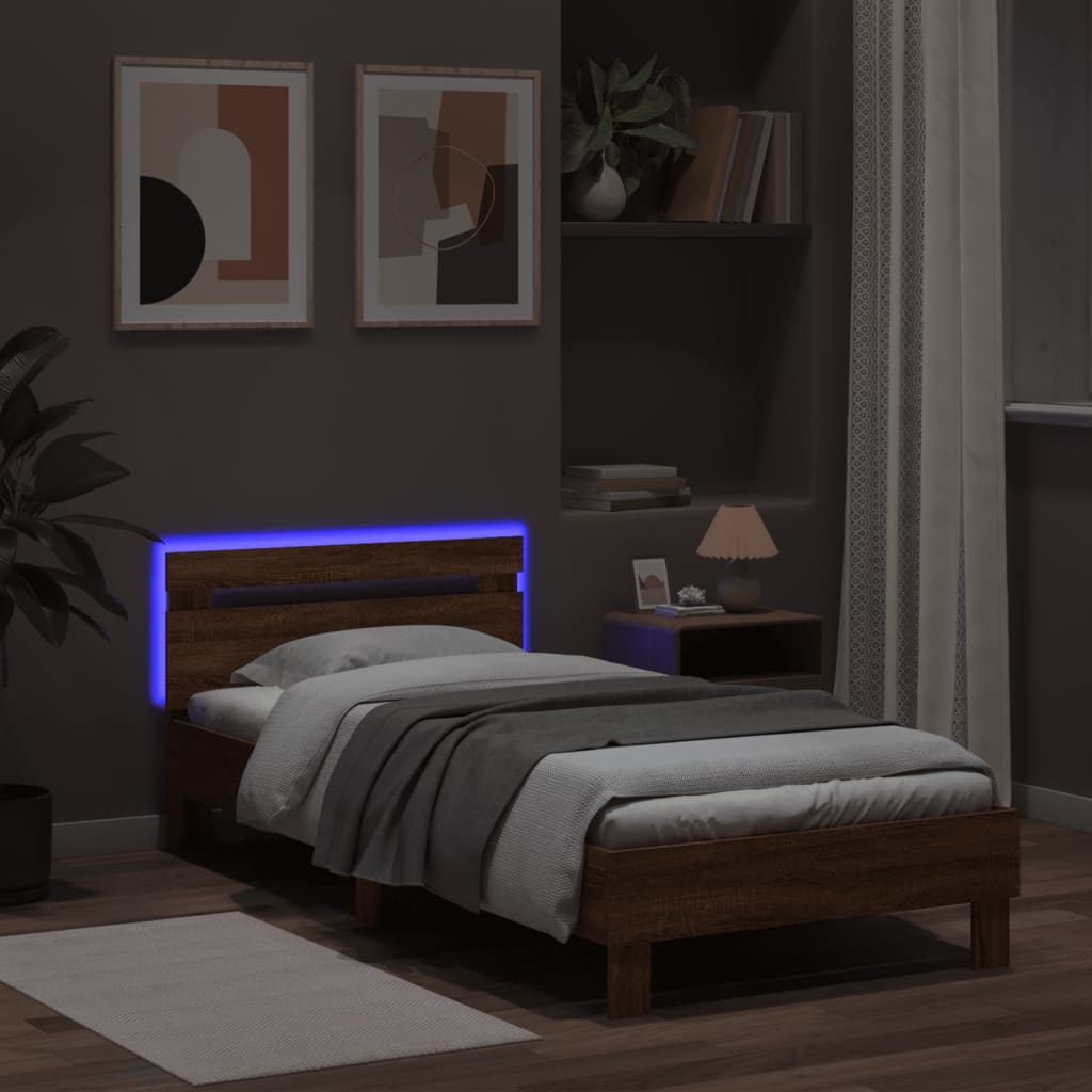 barna tölgy színű ágykeret fejtámlával és LED-ekkel 100x200 cm