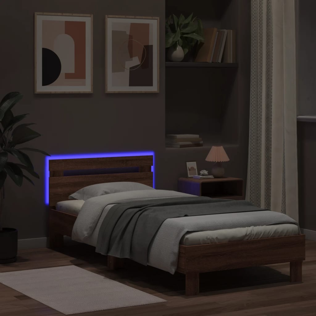 barna tölgy színű ágykeret fejtámlával és LED-ekkel 90 x 200 cm