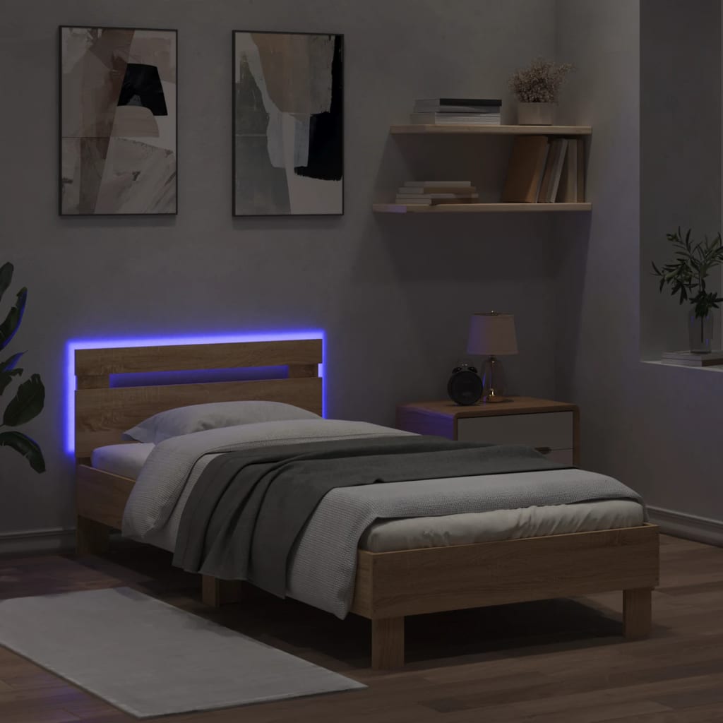 sonoma tölgy színű ágykeret fejtámlával és LED-ekkel 90x190 cm