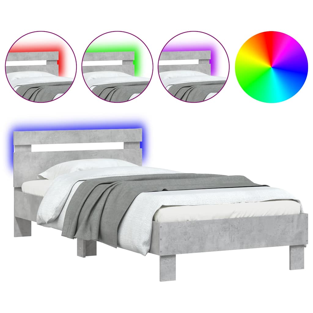 betonszürke ágykeret fejtámlával és LED-világítással 90x190 cm