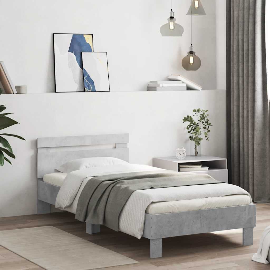 betonszürke ágykeret fejtámlával és LED-világítással 90x190 cm