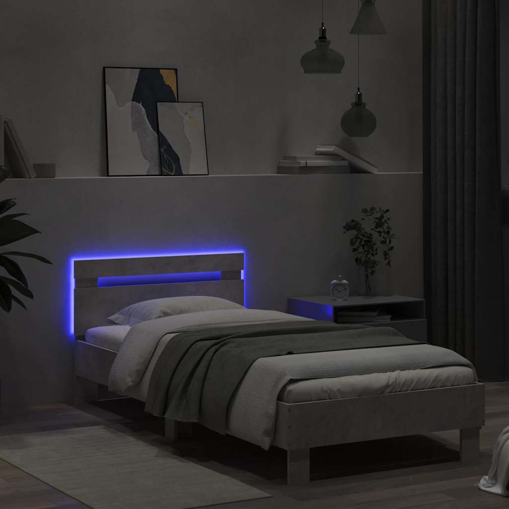 betonszürke ágykeret fejtámlával és LED-világítással 90x190 cm
