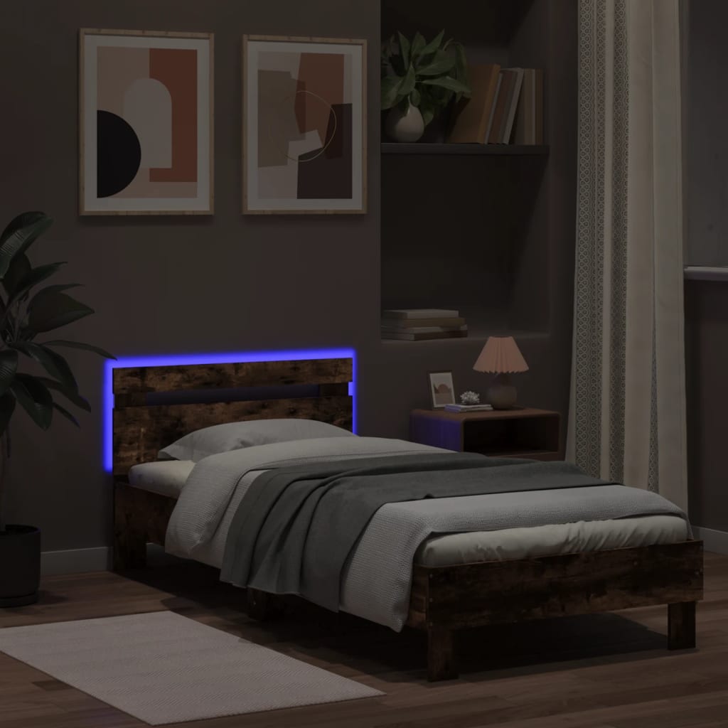 füstös tölgy színű ágykeret fejtámlával és LED-ekkel 90x190 cm