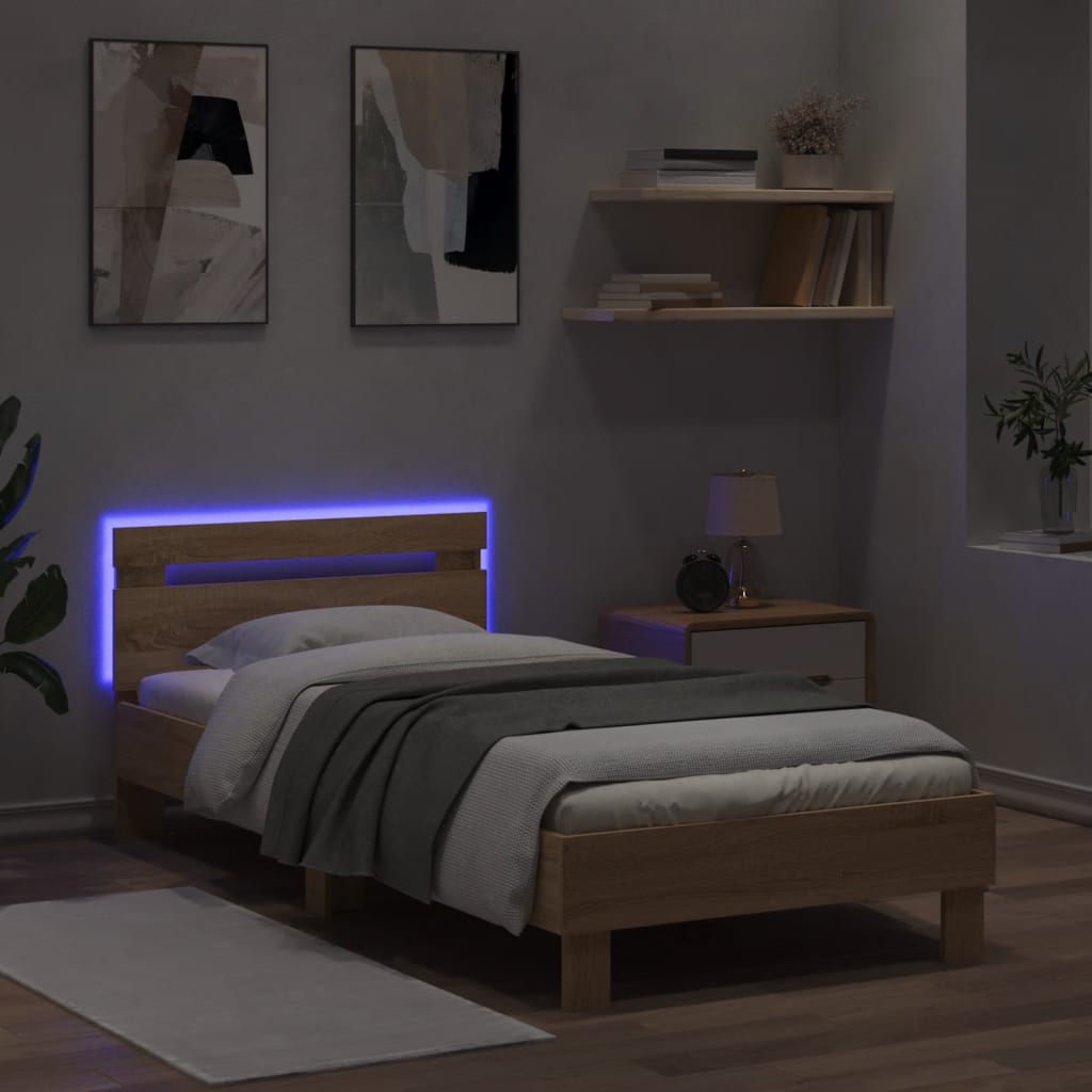 sonoma tölgy színű ágykeret fejtámlával és LED-ekkel 75x190 cm