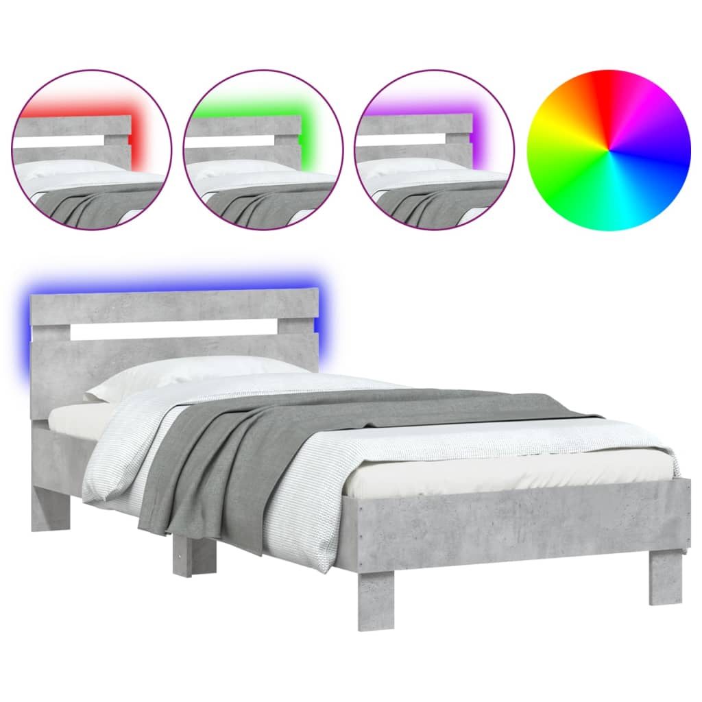 betonszürke ágykeret fejtámlával és LED-világítással 75x190 cm