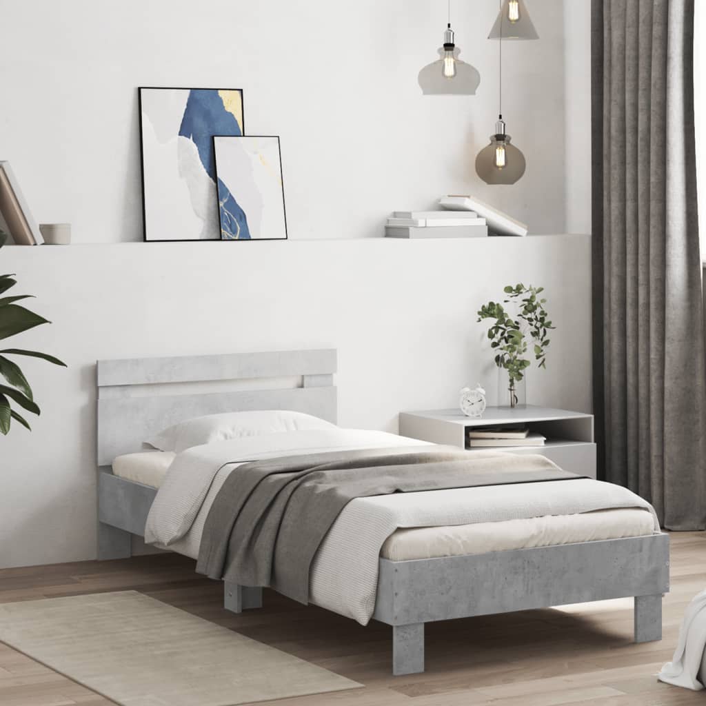 betonszürke ágykeret fejtámlával és LED-világítással 75x190 cm