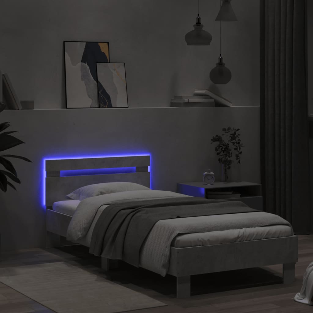 betonszürke ágykeret fejtámlával és LED-világítással 75x190 cm