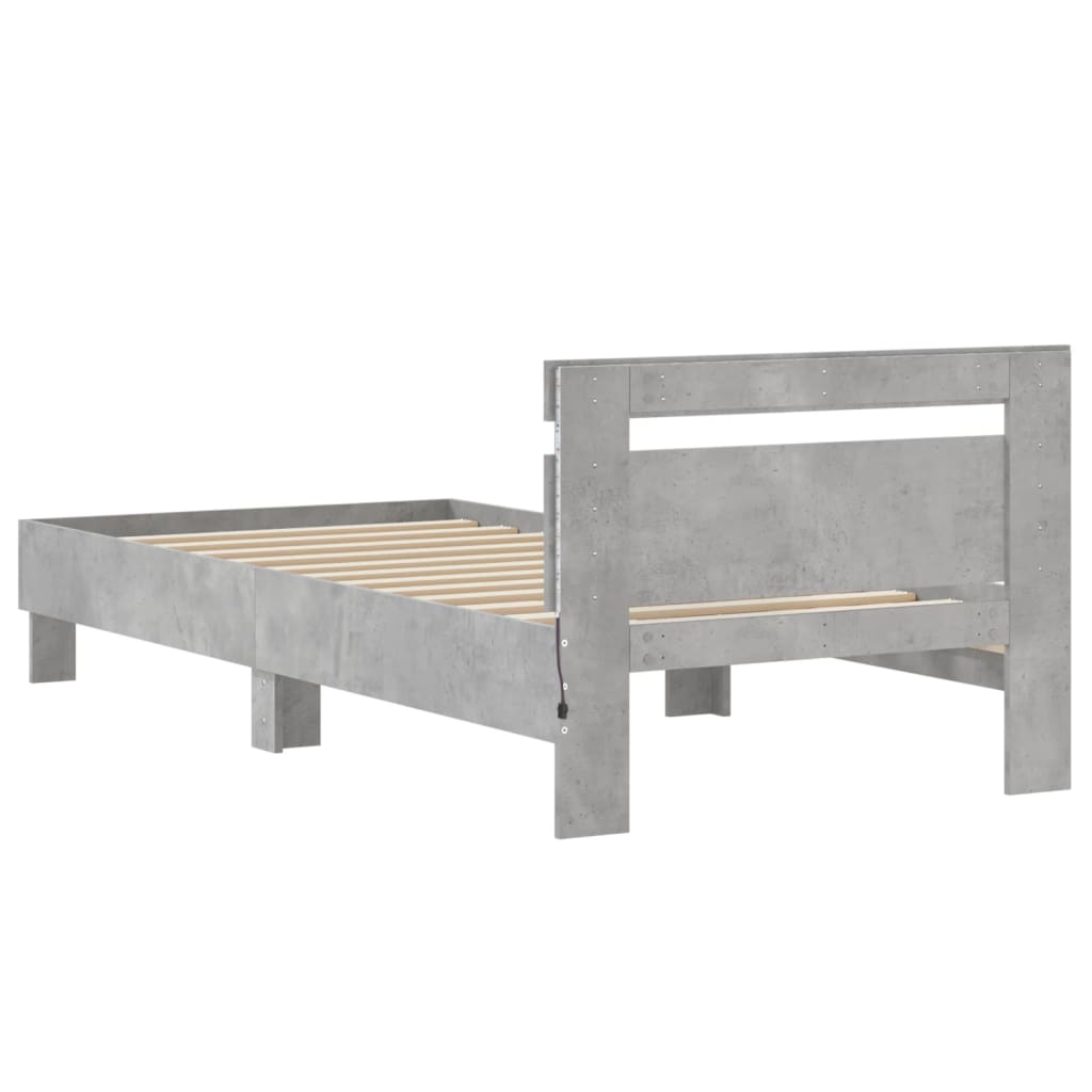 betonszürke ágykeret fejtámlával és LED-világítással 75x190 cm