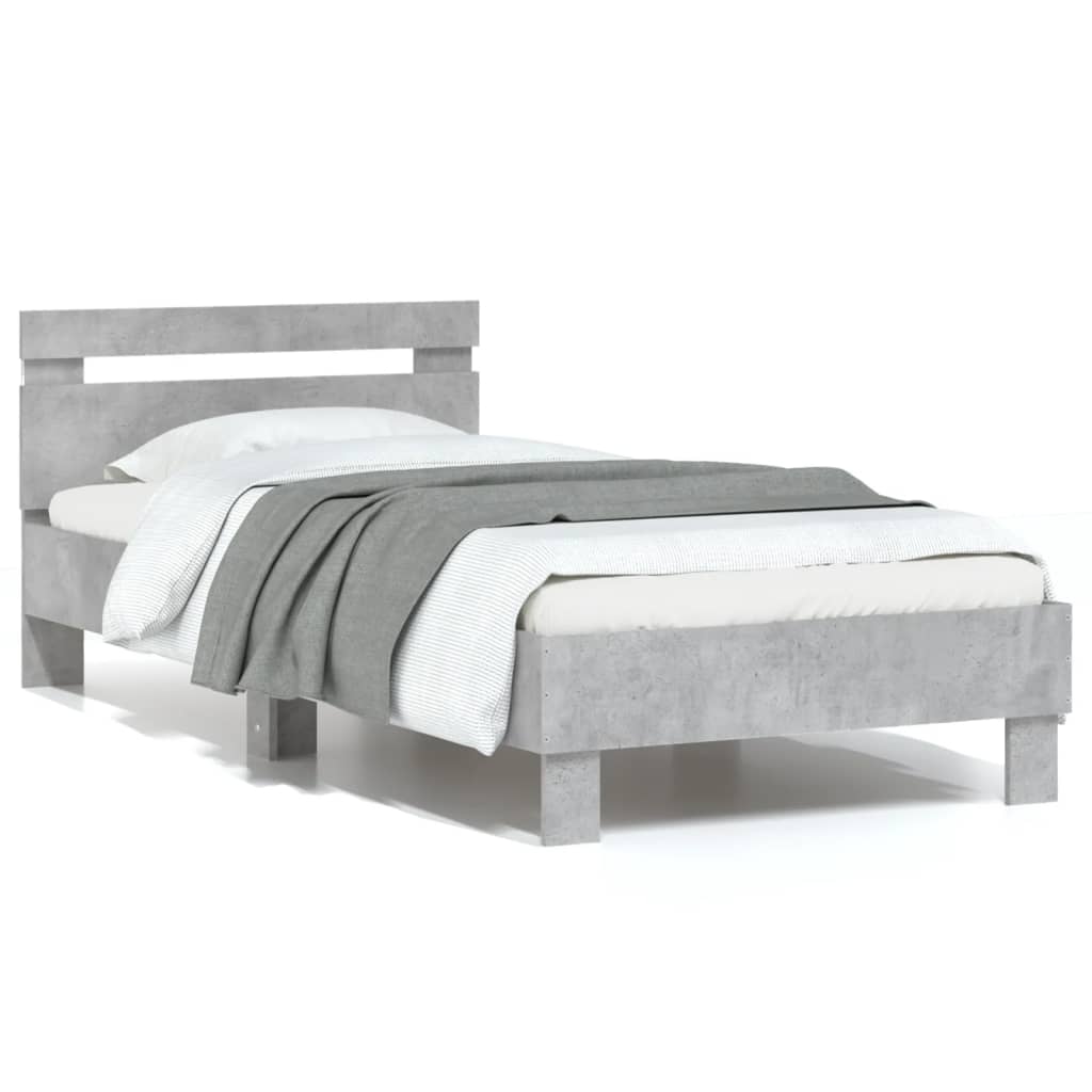 betonszürke ágykeret fejtámlával és LED-világítással 75x190 cm