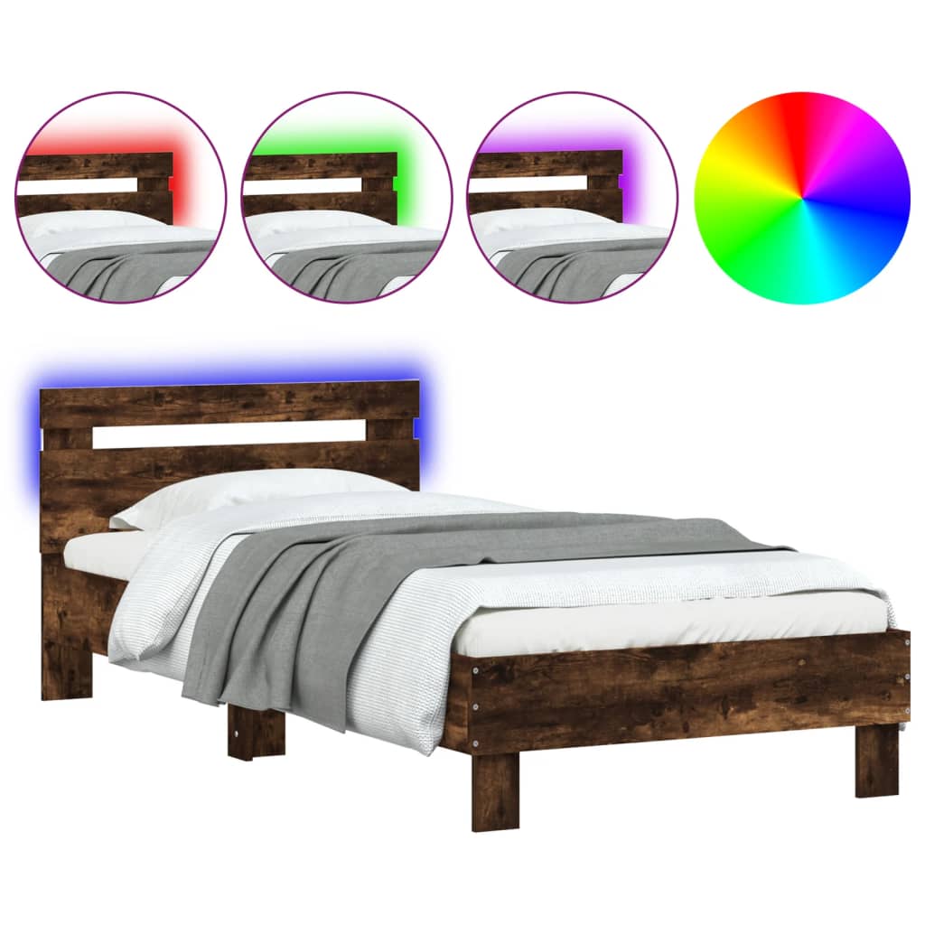 füstös tölgy színű ágykeret fejtámlával és LED-ekkel 75x190 cm