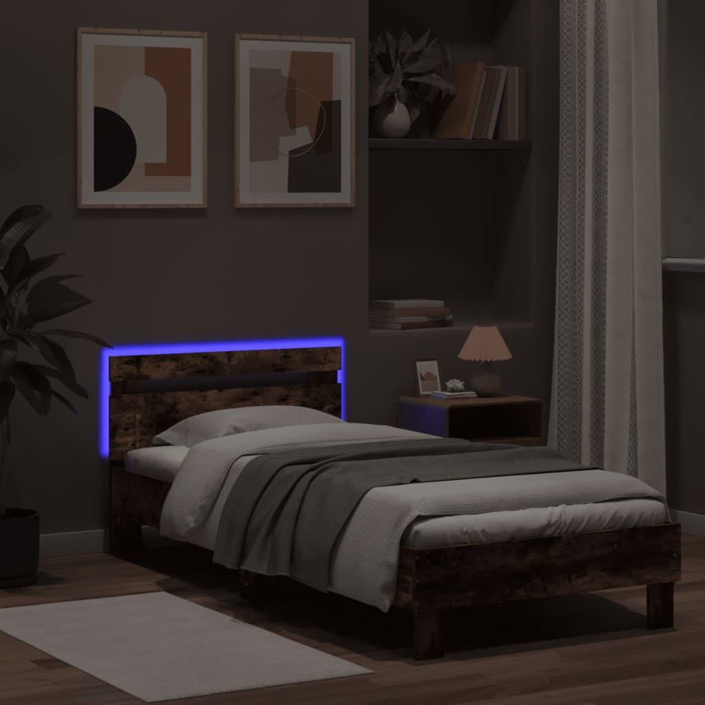 füstös tölgy színű ágykeret fejtámlával és LED-ekkel 75x190 cm