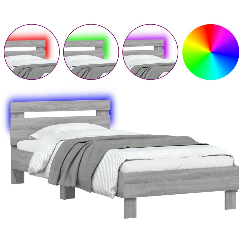 szürke sonoma színű ágykeret fejtámlával és LED-ekkel 75x190 cm