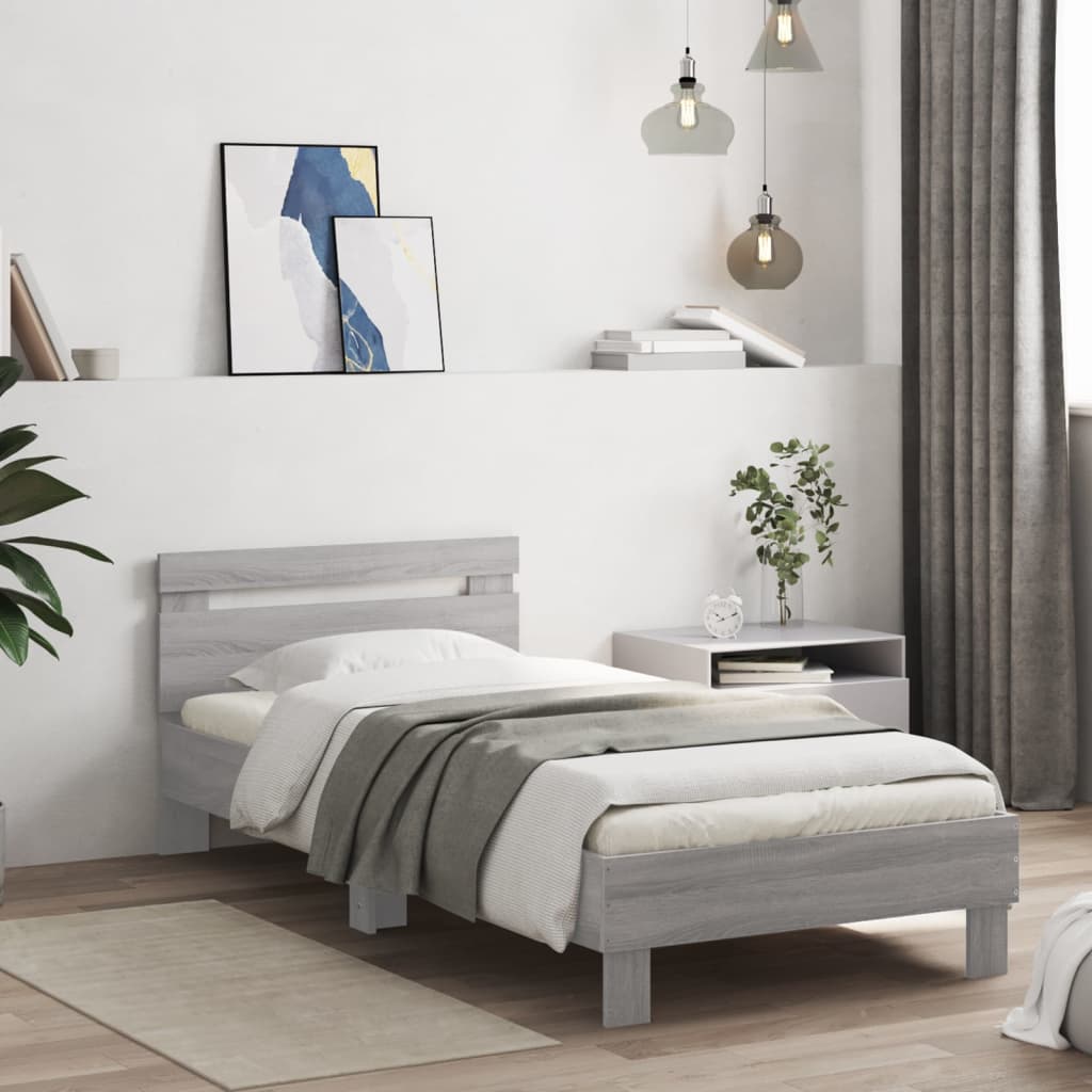 szürke sonoma színű ágykeret fejtámlával és LED-ekkel 75x190 cm