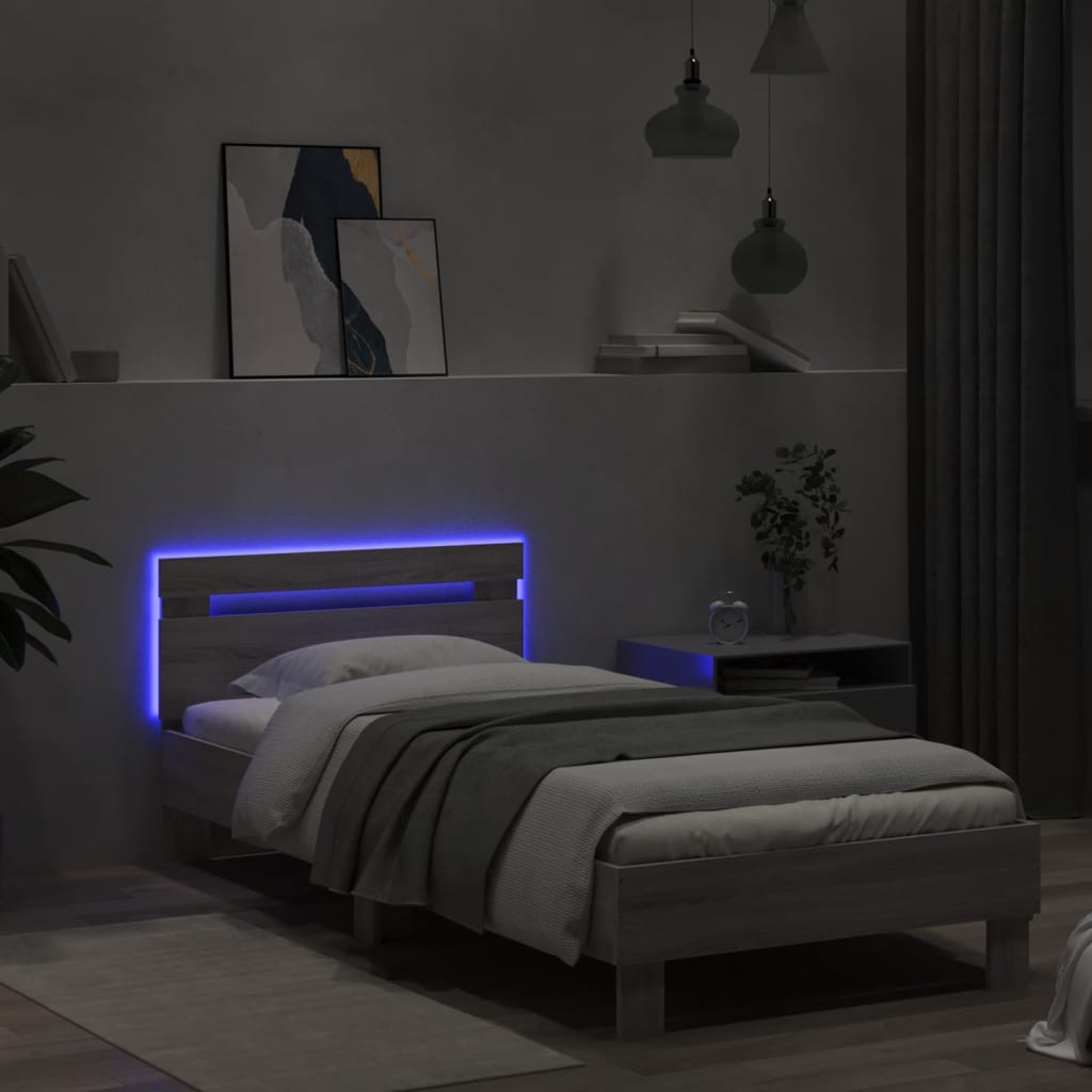 szürke sonoma színű ágykeret fejtámlával és LED-ekkel 75x190 cm