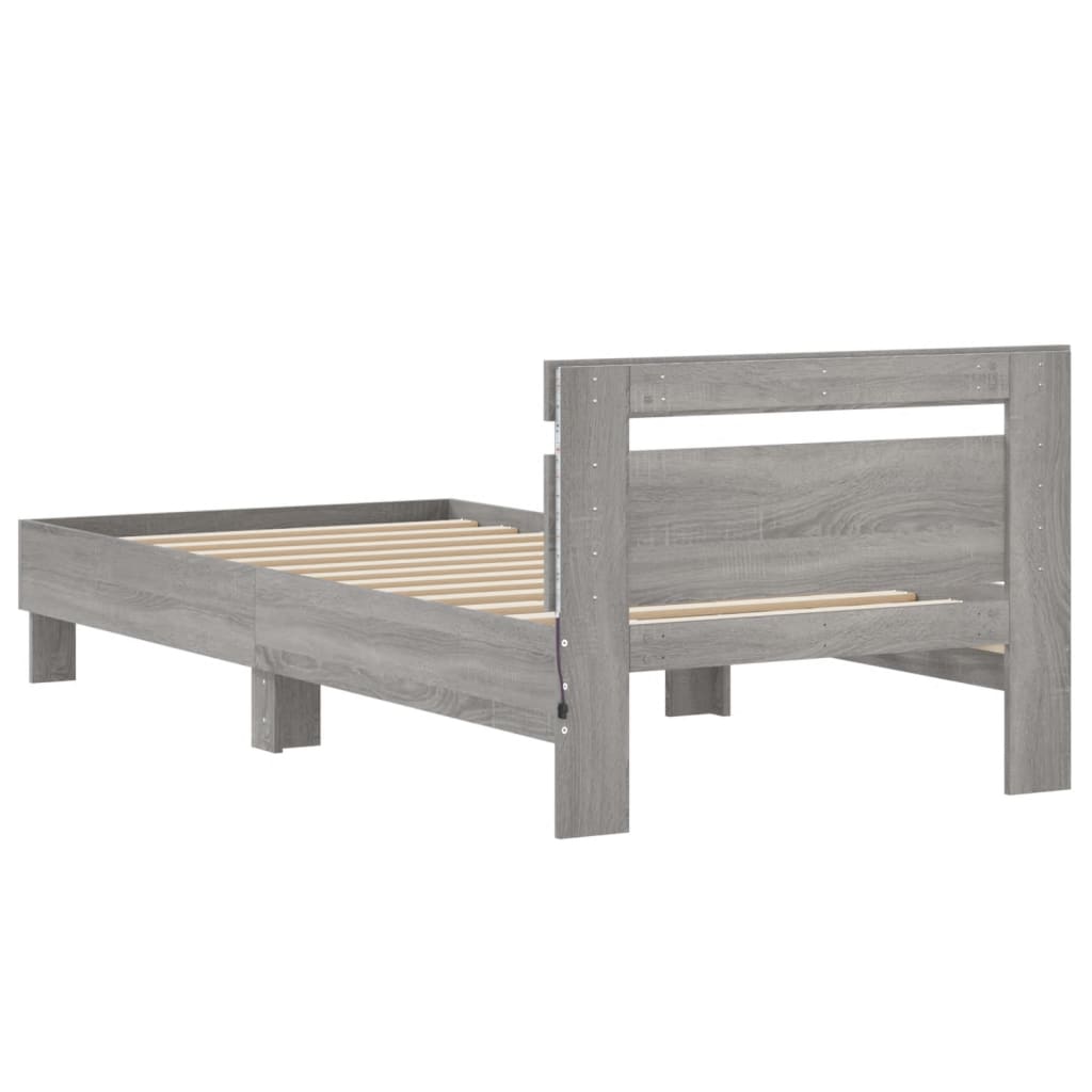 szürke sonoma színű ágykeret fejtámlával és LED-ekkel 75x190 cm