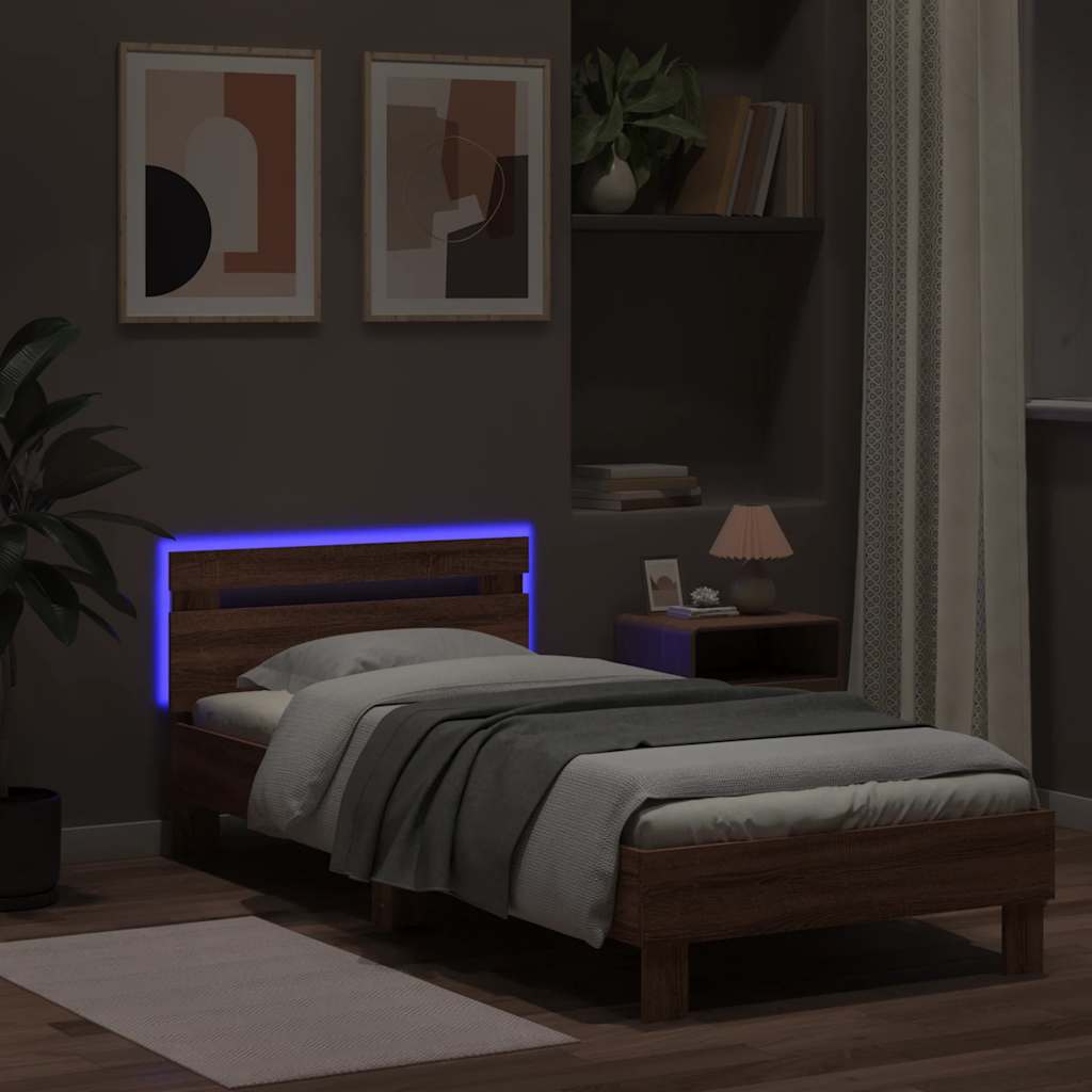 barna tölgy színű ágykeret fejtámlával és LED-ekkel 75 x 190 cm