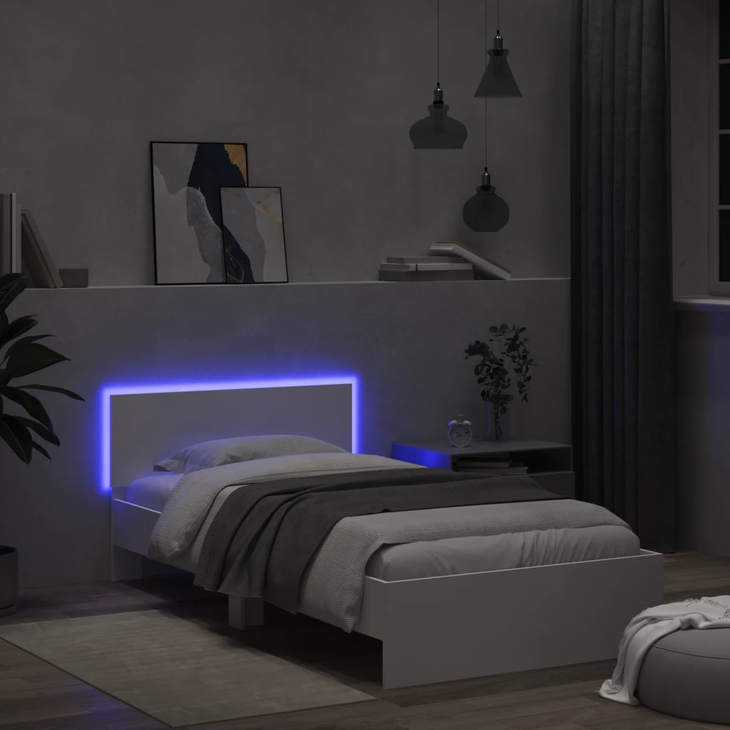 fehér ágykeret fejtámlával és LED-világítással 100 x 200 cm