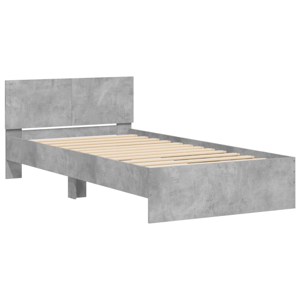 betonszürke ágykeret fejtámlával és LED-világítással 100x200 cm