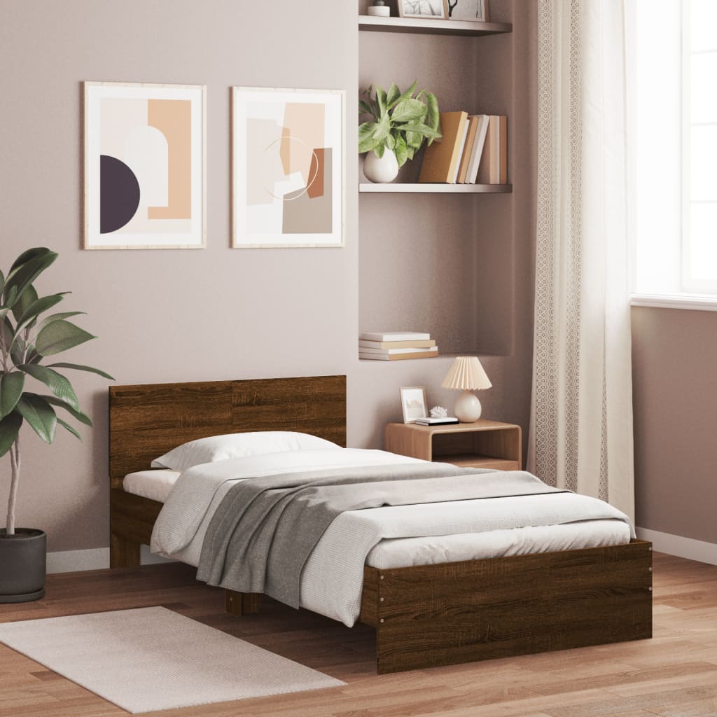 barna tölgy színű ágykeret fejtámlával és LED-ekkel 100x200 cm