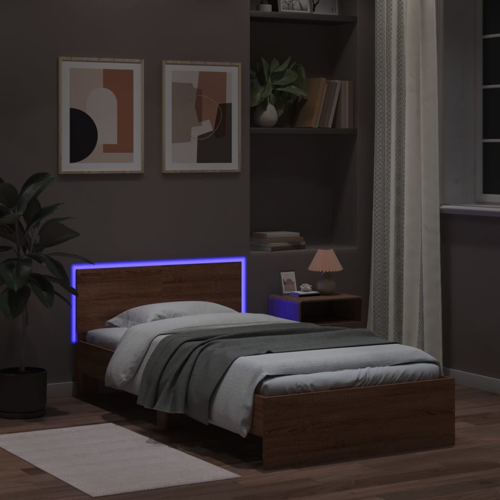 barna tölgy színű ágykeret fejtámlával és LED-ekkel 100x200 cm