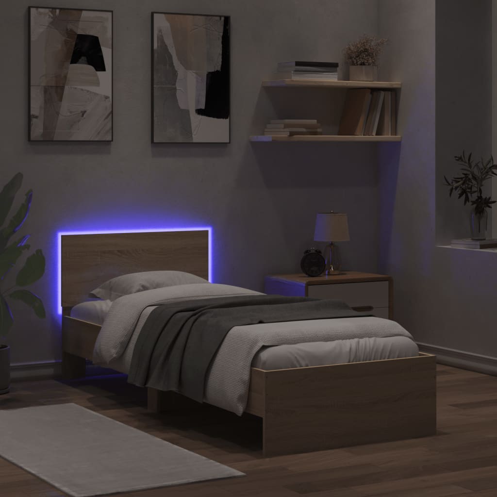sonoma tölgy színű ágykeret fejtámlával és LED-ekkel 90x200 cm