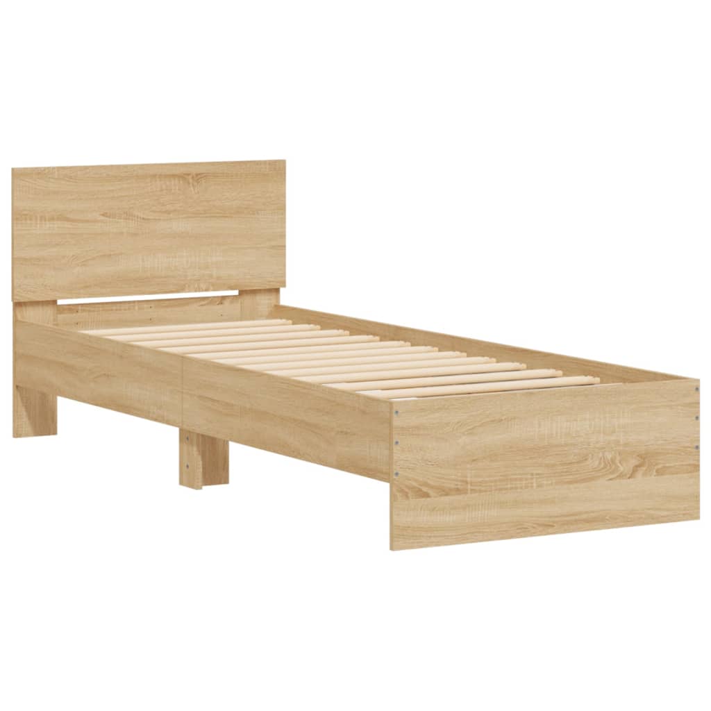 sonoma tölgy színű ágykeret fejtámlával és LED-ekkel 90x200 cm