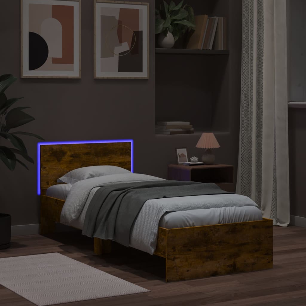 füstös tölgy színű ágykeret fejtámlával és LED-ekkel 90x200 cm