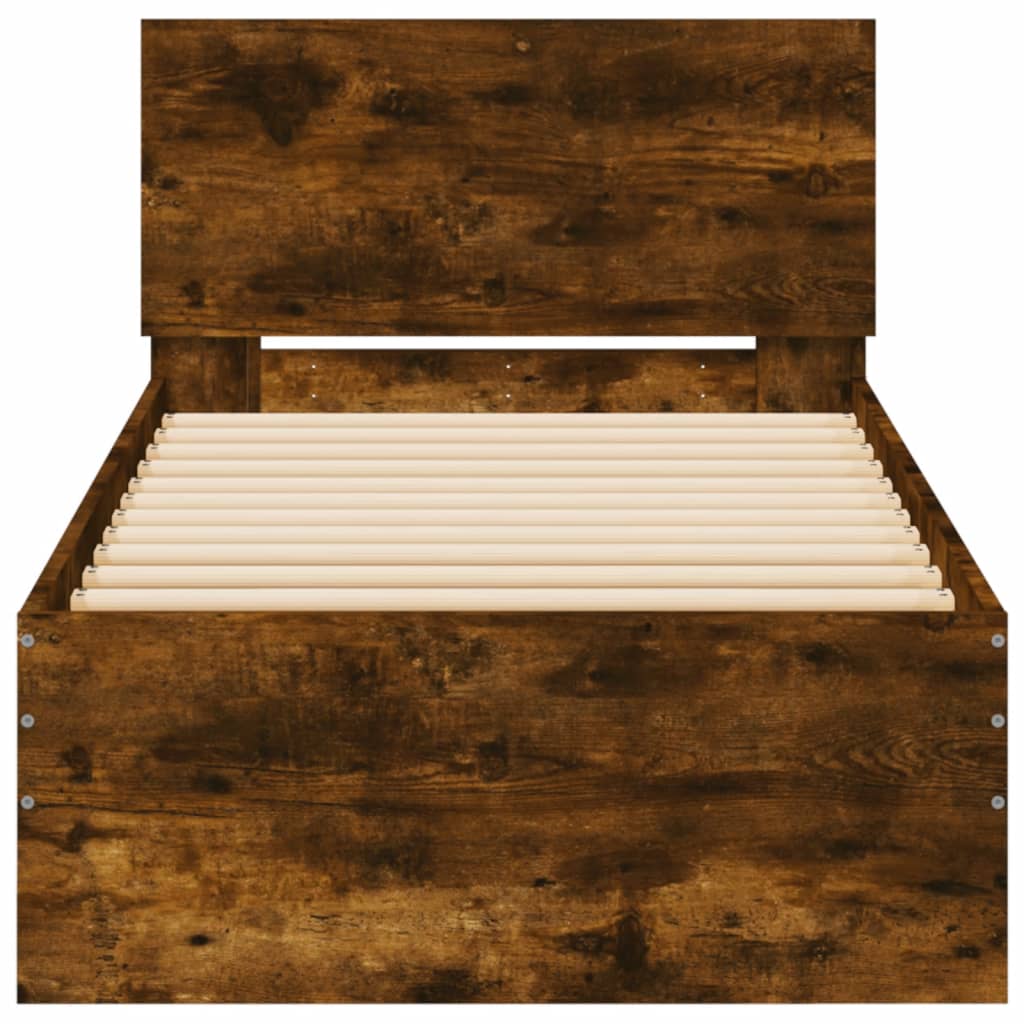 füstös tölgy színű ágykeret fejtámlával és LED-ekkel 90x200 cm