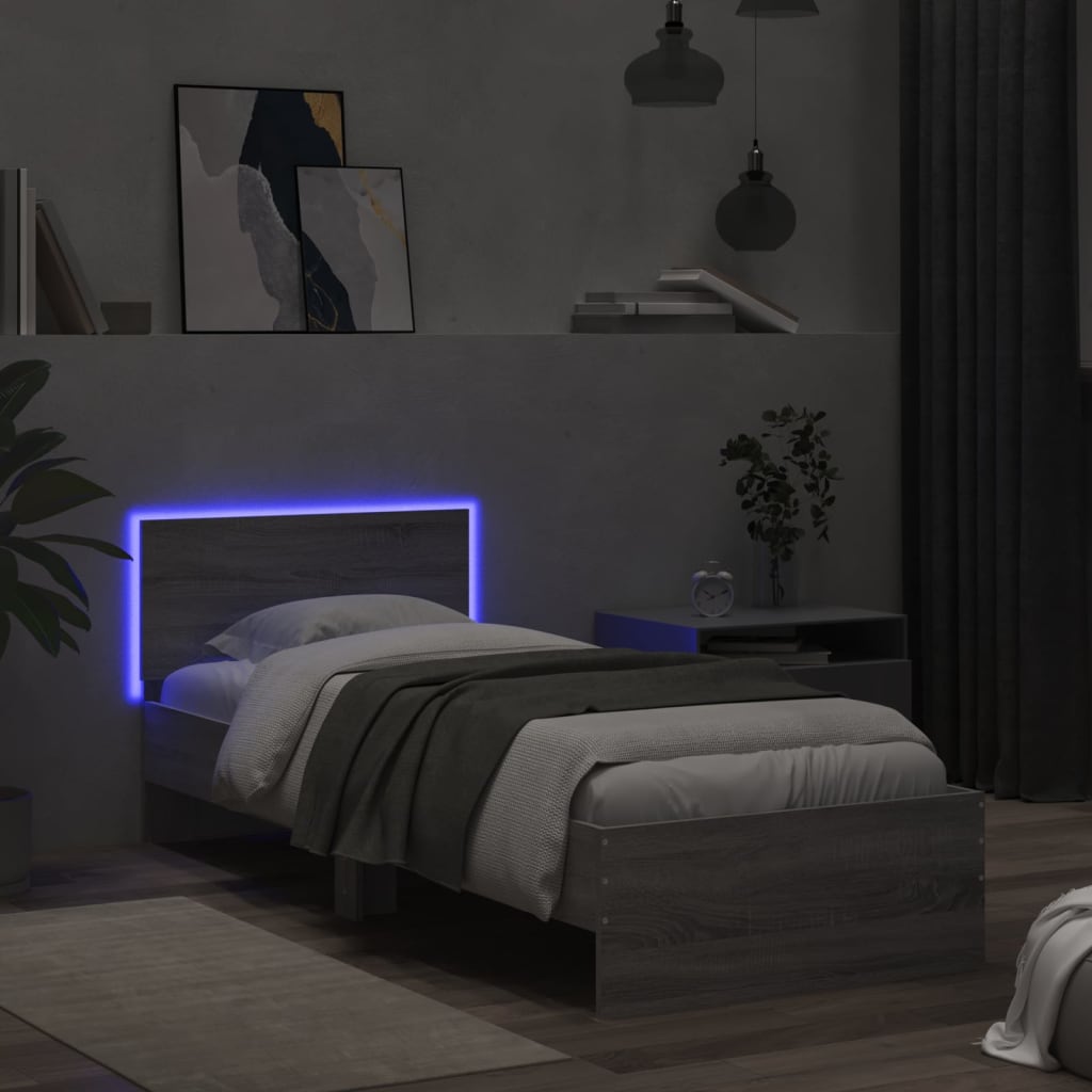 szürke sonoma színű ágykeret fejtámlával és LED-ekkel 90x200 cm