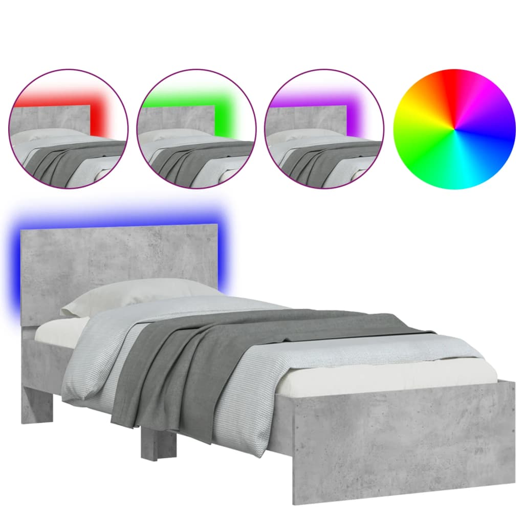 betonszürke ágykeret fejtámlával és LED-világítással 90x190 cm