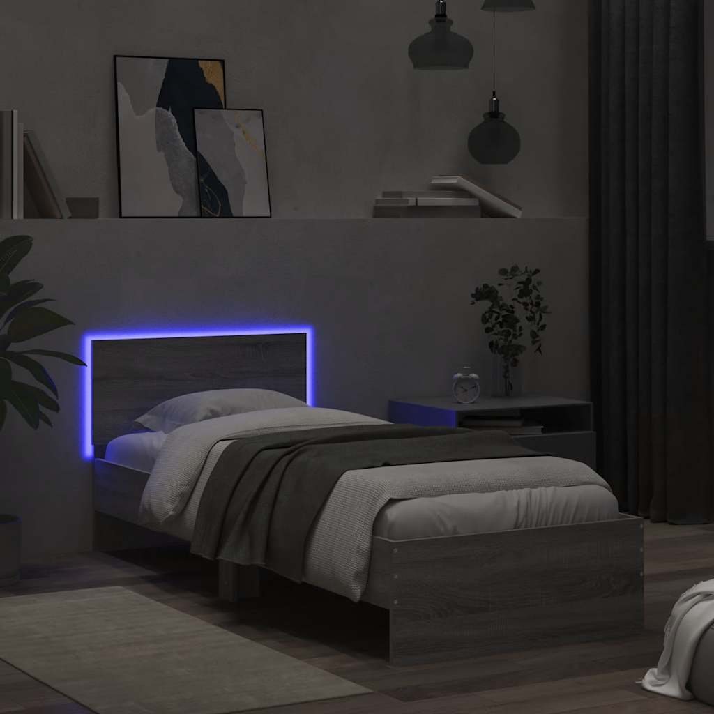 szürke sonoma színű ágykeret fejtámlával és LED-ekkel 90x190 cm