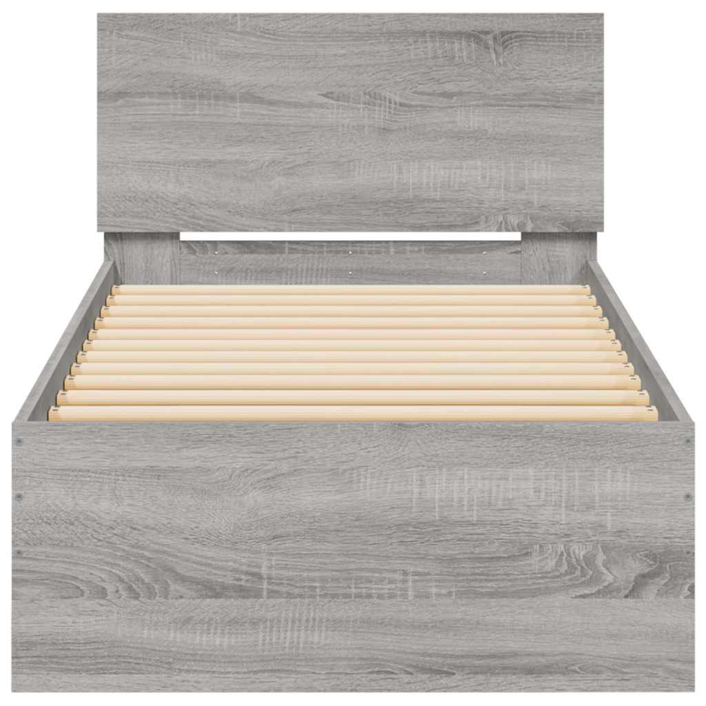 szürke sonoma színű ágykeret fejtámlával és LED-ekkel 90x190 cm