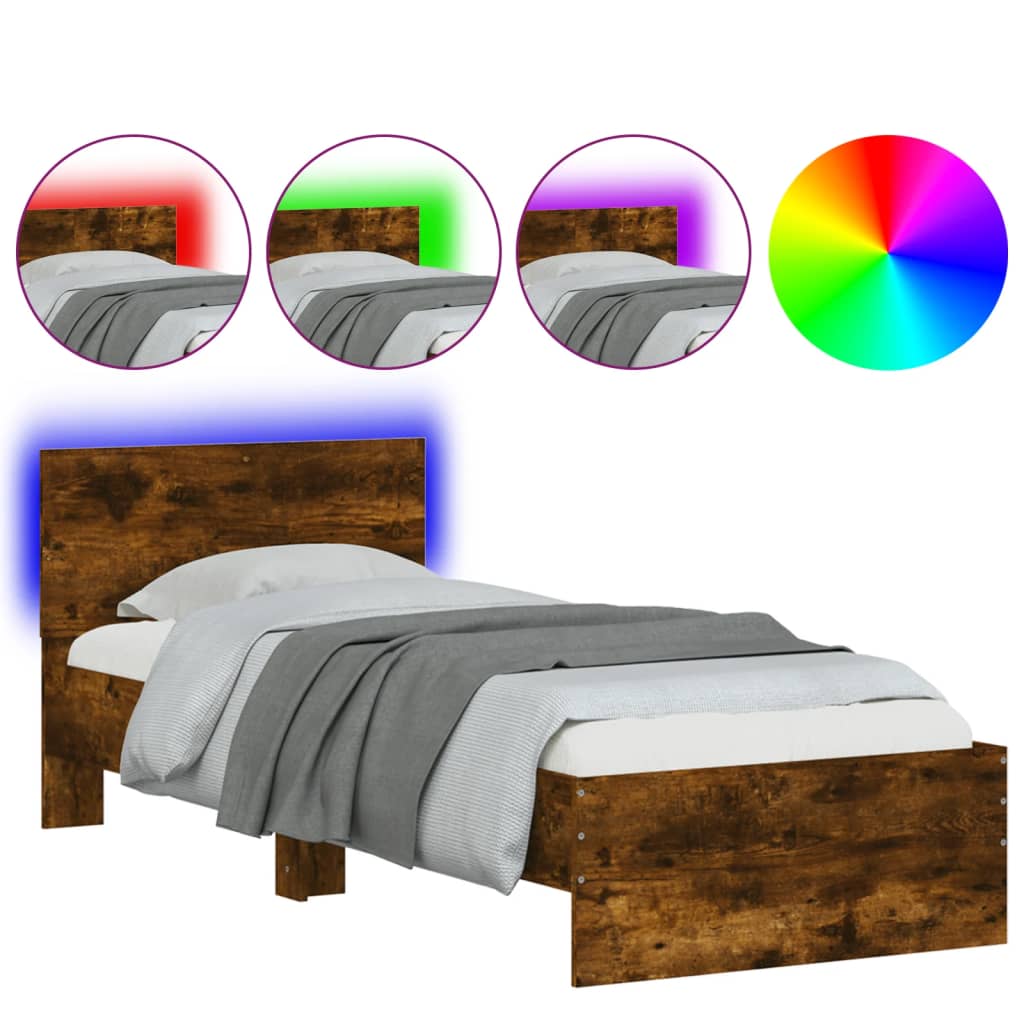füstös tölgy színű ágykeret fejtámlával és LED-ekkel 75x190 cm