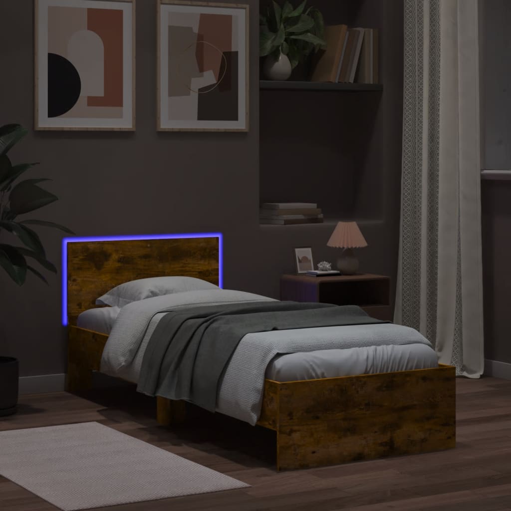 füstös tölgy színű ágykeret fejtámlával és LED-ekkel 75x190 cm