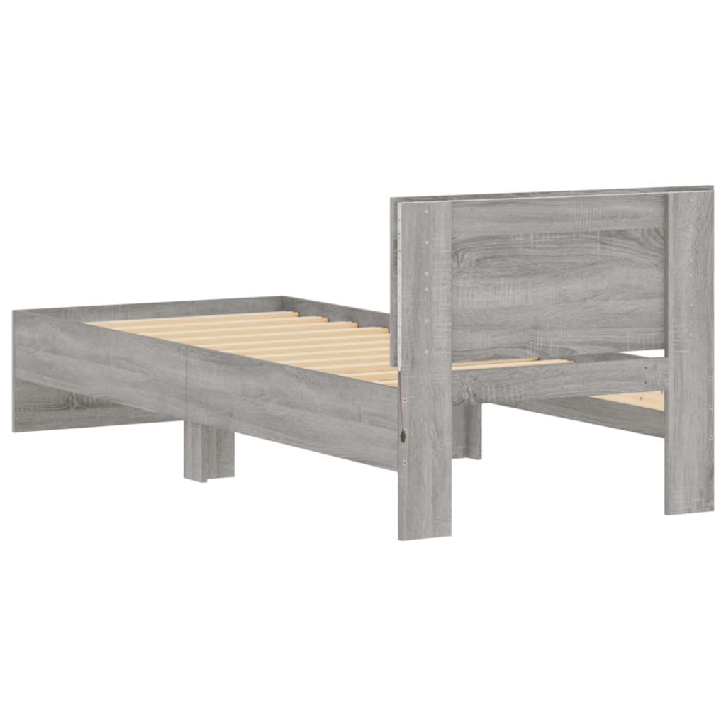 szürke sonoma színű ágykeret fejtámlával és LED-ekkel 75x190 cm