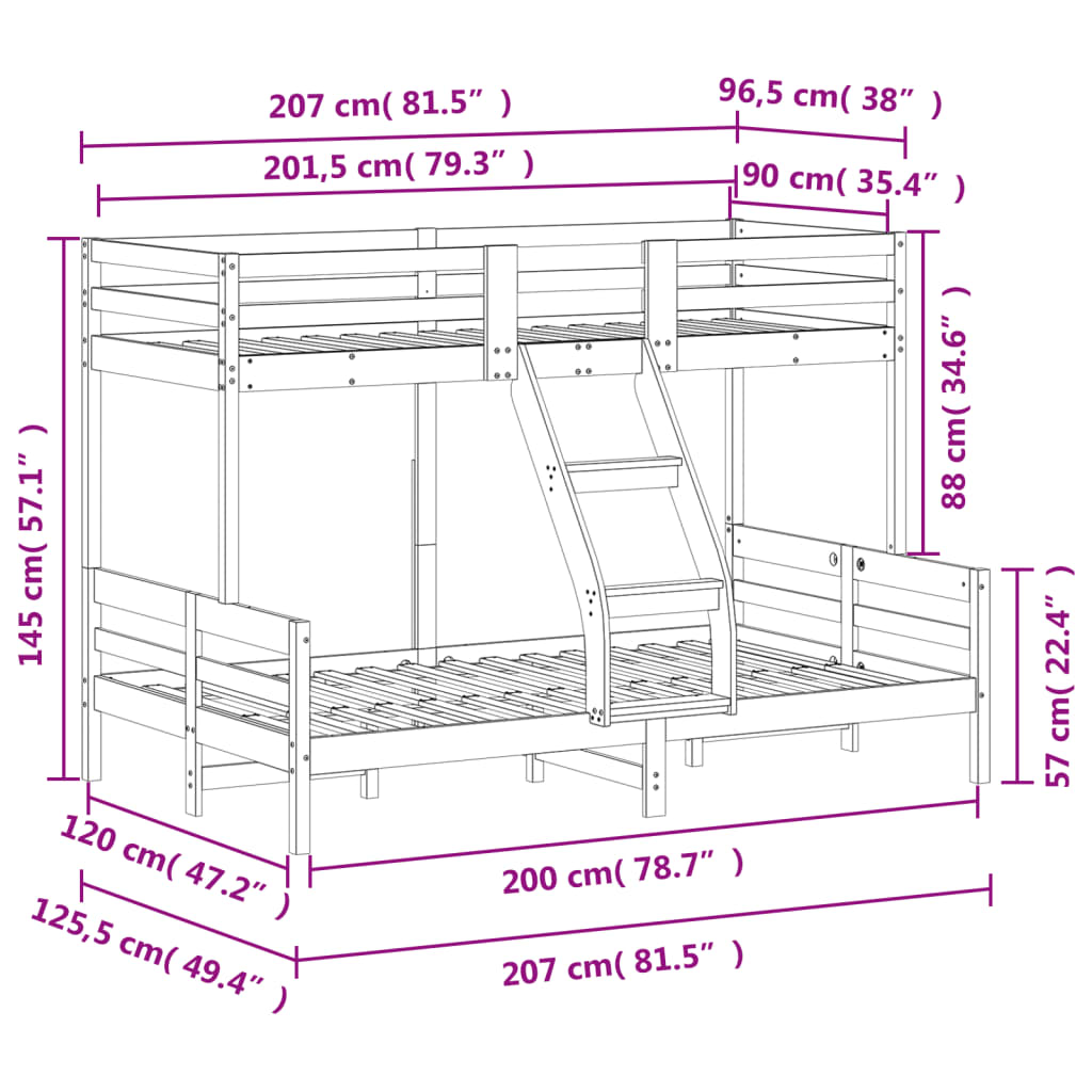 viaszbarna tömör fenyőfa emeletes ágy 90 x 200/120 x 200 cm