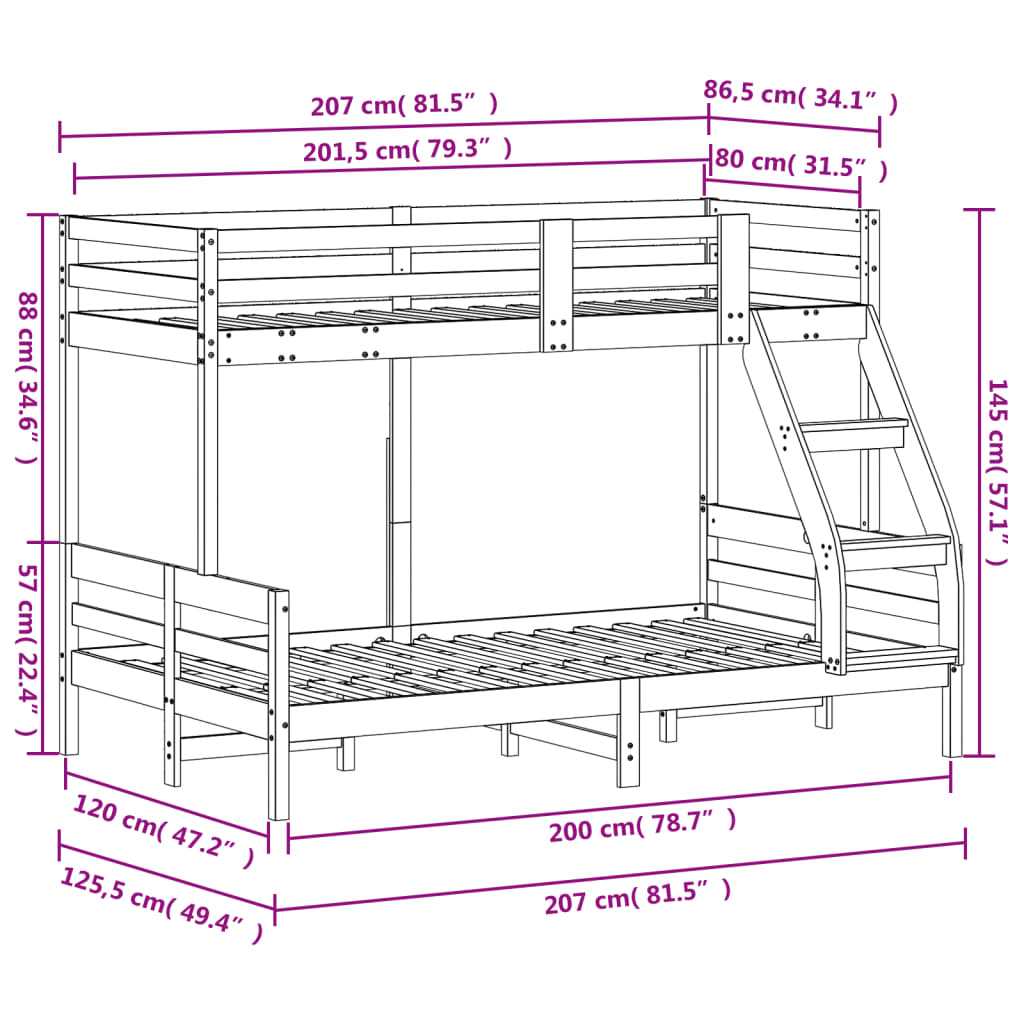 tömör fenyőfa emeletes ágy 80x200/120x200 cm