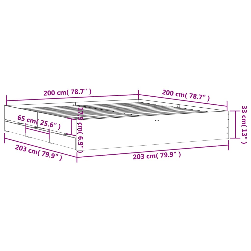 sonoma tölgyszínű szerelt fa ágykeret fiókokkal 200 x 200 cm