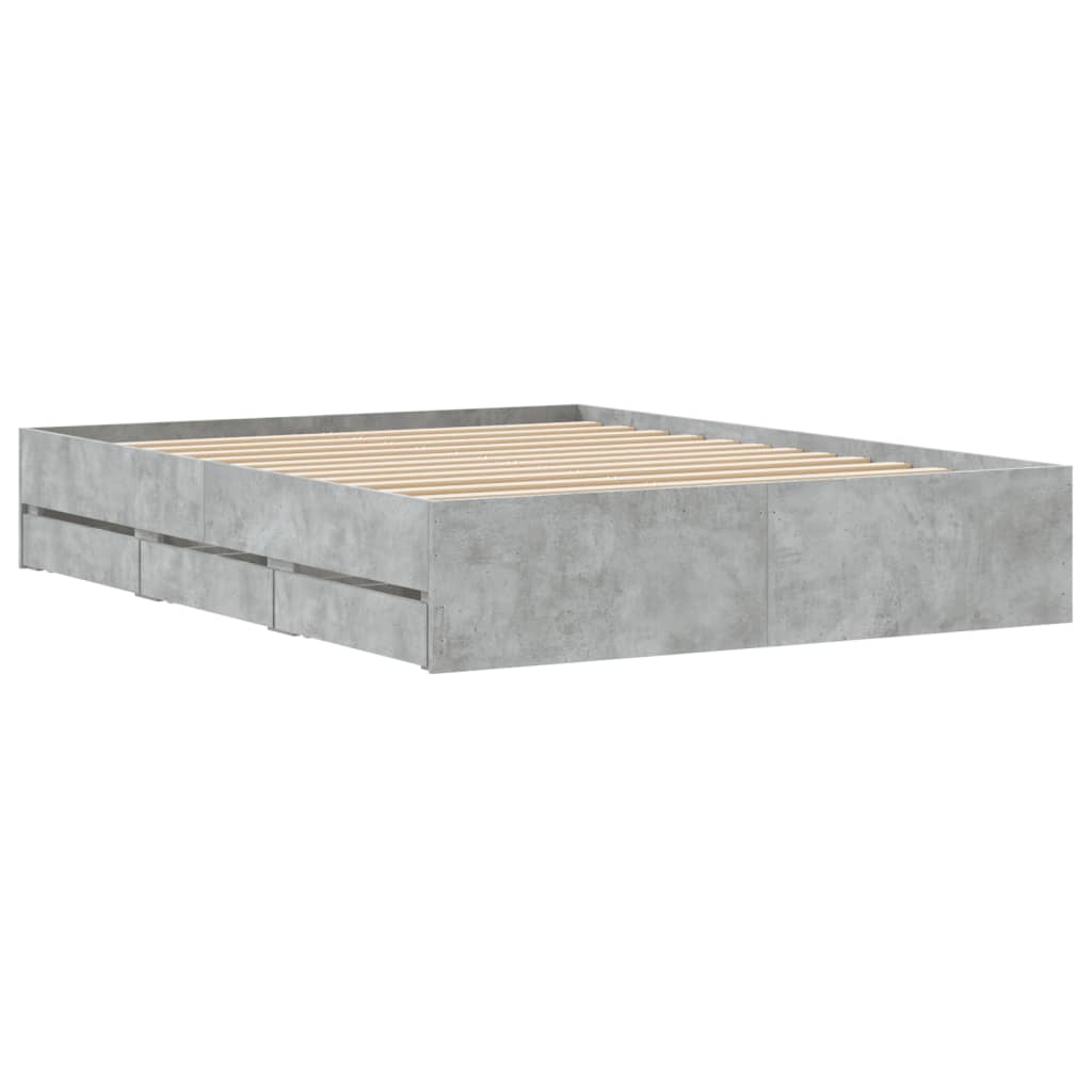 betonszürke szerelt fa ágykeret fiókokkal 150 x 200 cm