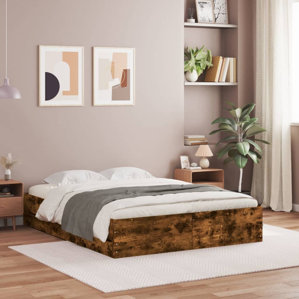 füstös tölgy színű szerelt fa ágykeret fiókokkal 150x200 cm