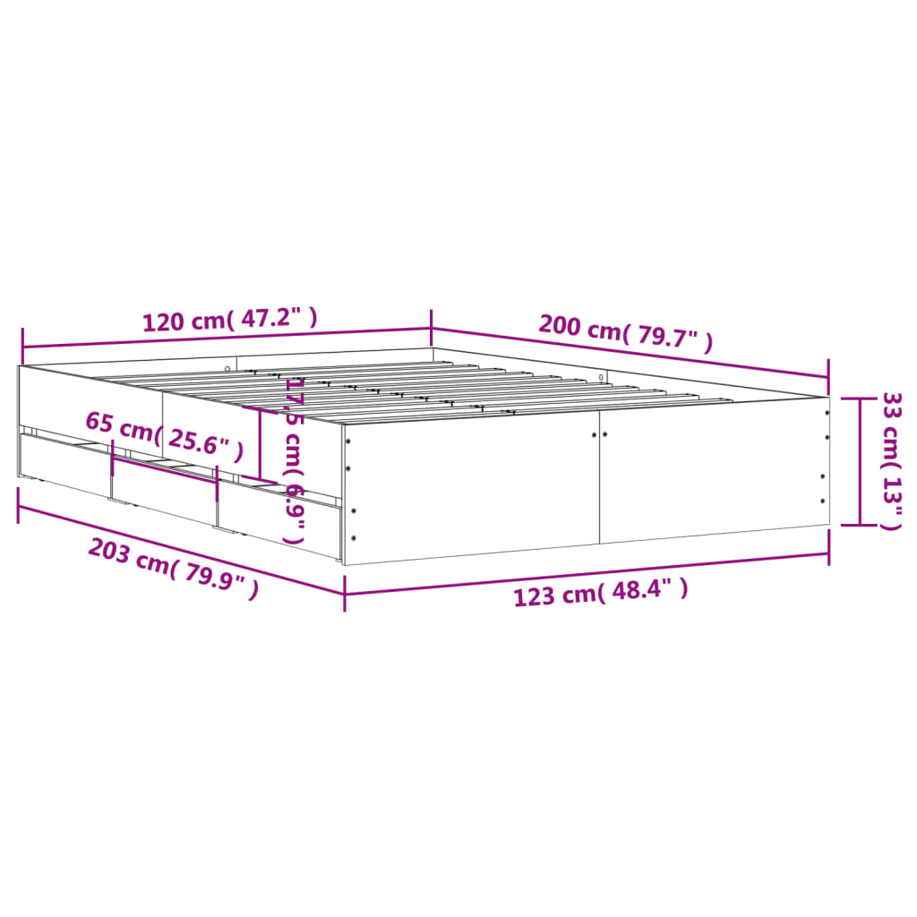 füstös tölgy színű szerelt fa ágykeret fiókokkal 120 x 200 cm