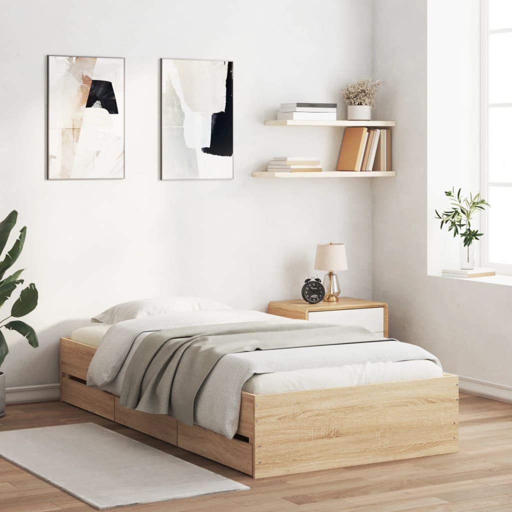 sonoma tölgy színű szerelt fa ágykeret fiókokkal 100 x 200 cm