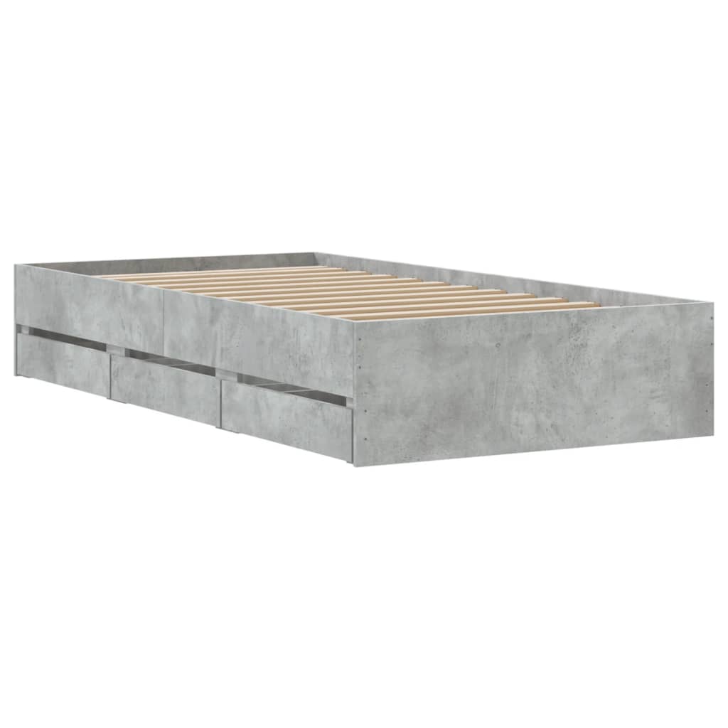 betonszürke szerelt fa ágykeret fiókokkal 90 x 200 cm