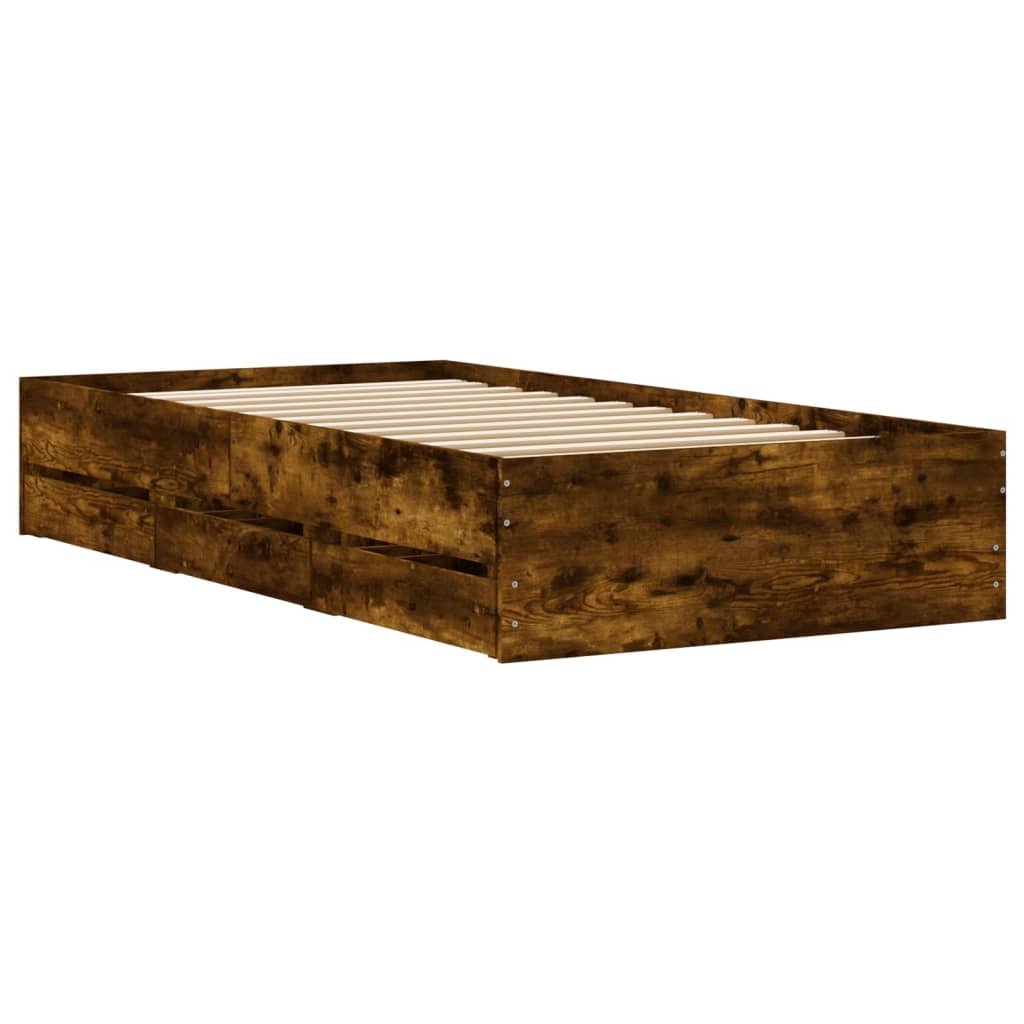 füstös tölgy színű szerelt fa ágykeret fiókokkal 90 x 200 cm