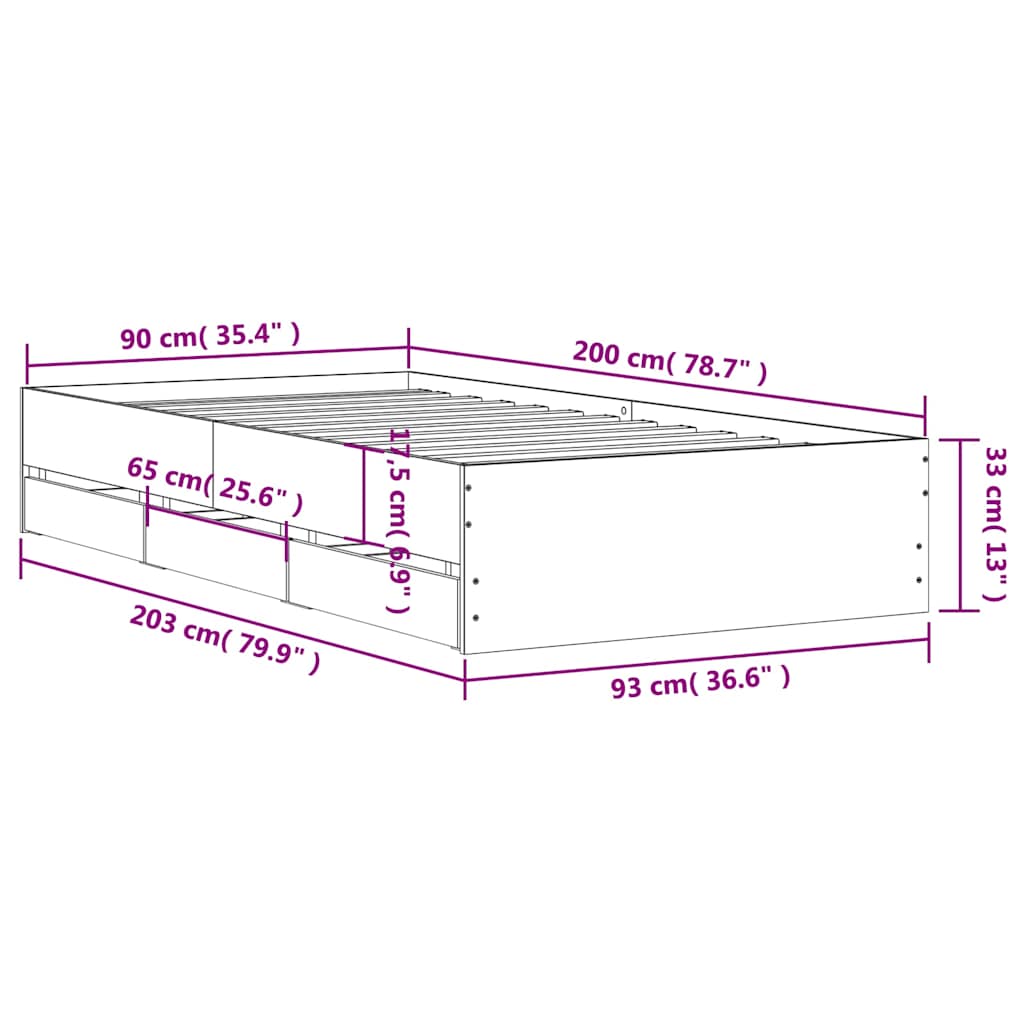 barna tölgyszínű szerelt fa ágykeret fiókokkal 90 x 200 cm