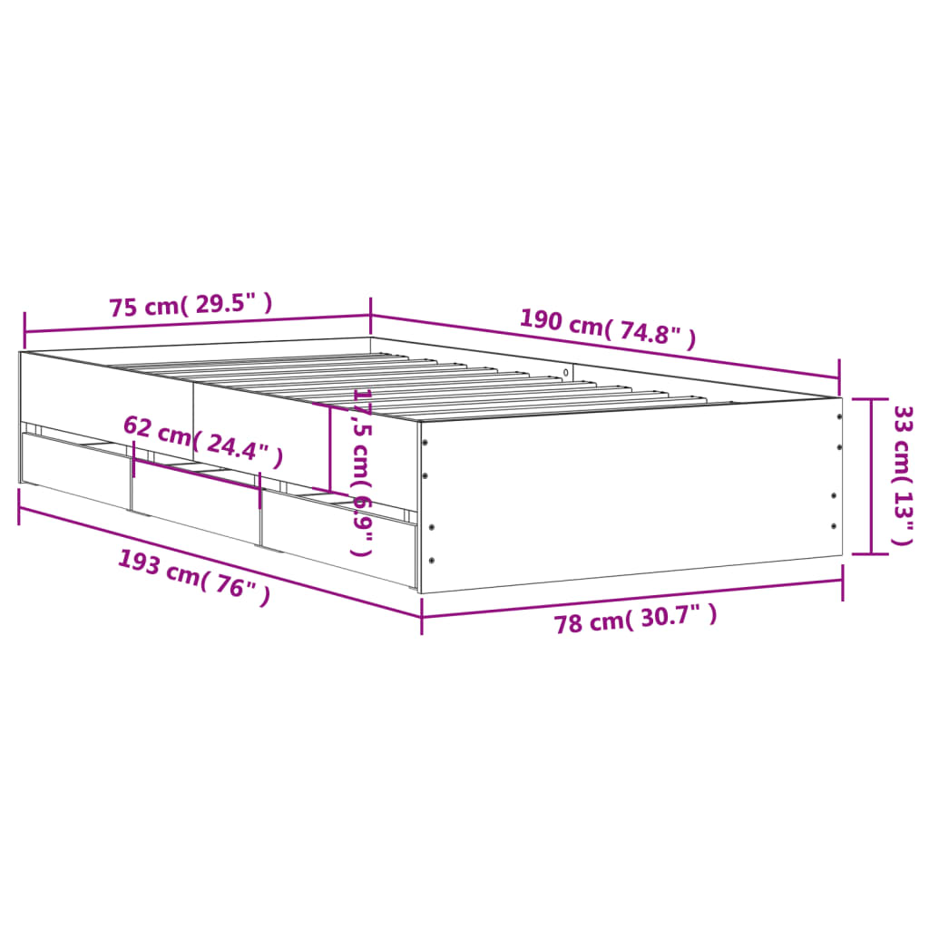 fekete szerelt fa ágykeret fiókokkal 75x190 cm