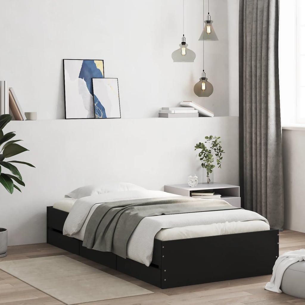 fekete szerelt fa ágykeret fiókokkal 75x190 cm
